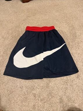 Nike Navy Athletic Shorts with Red Waistband and White Swoosh